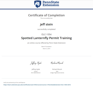 Spotted Lanternfly certificate - March 2 2019 - Stein Tree Service