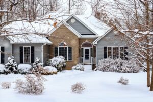 House and yard covered in snow with trees and shrubs.